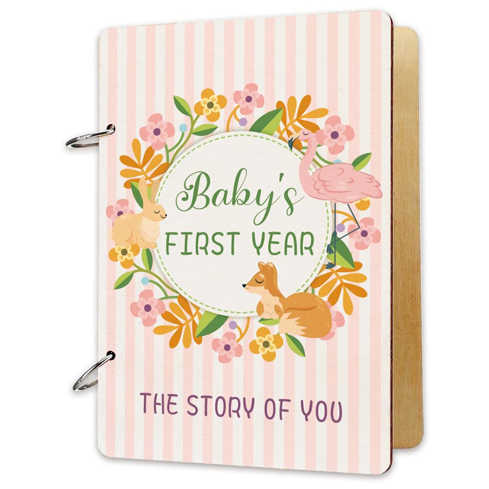 SUPERDANT Wooden Loose Leaf Binder Baby Memory Book Baby Journal Photo Album Baby's First Year Milestone Book Cover Calendar Keeper Holder Organizer Card Keepsake NO BINDER RINGS