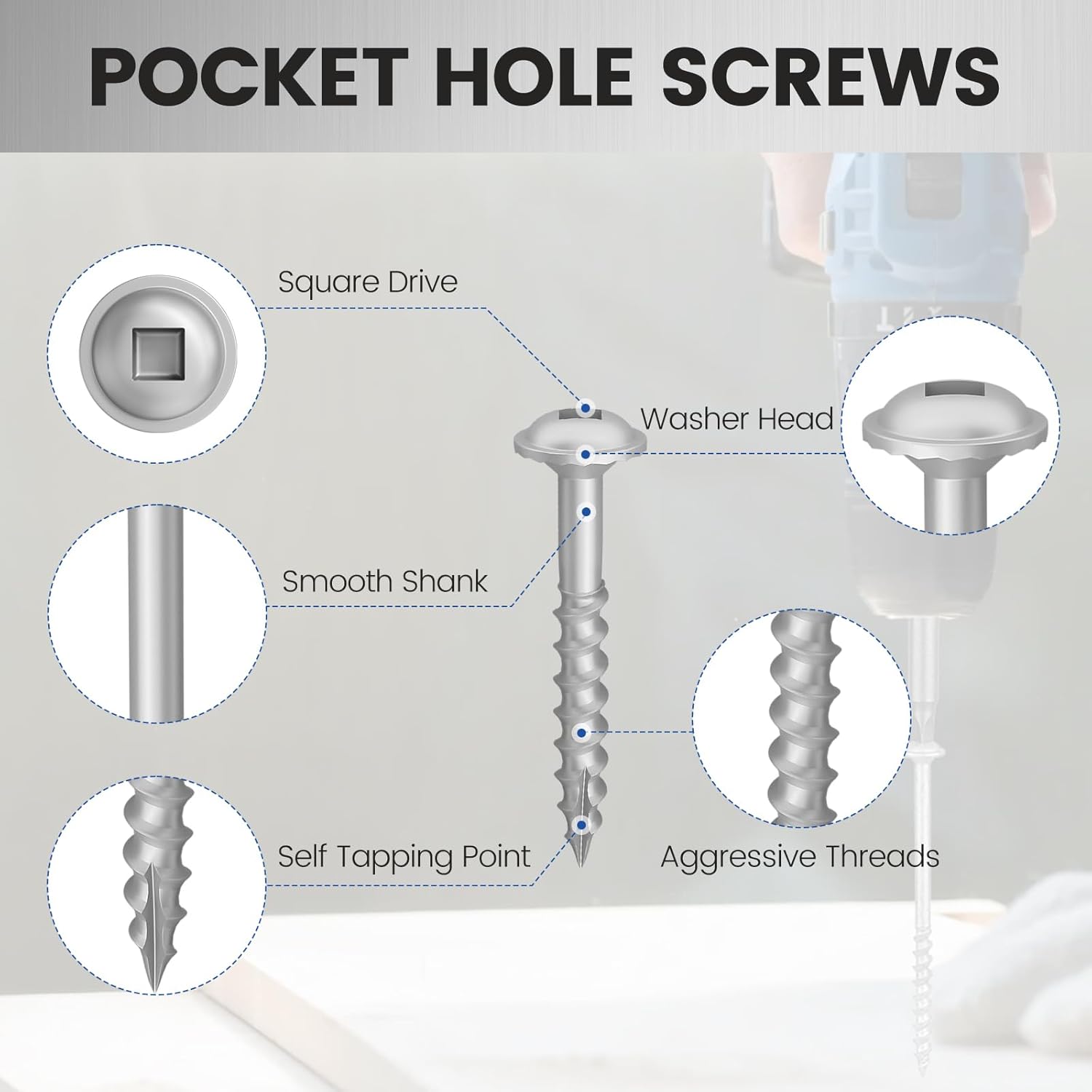 #8 Pocket Hole Screws 1-1/4 Inch, 5 Lb Coarse Thread Wood Screws, 933Pcs Square Drive, Washer Head, 4-Layer Coating, Drive Bit Included (Sliver)