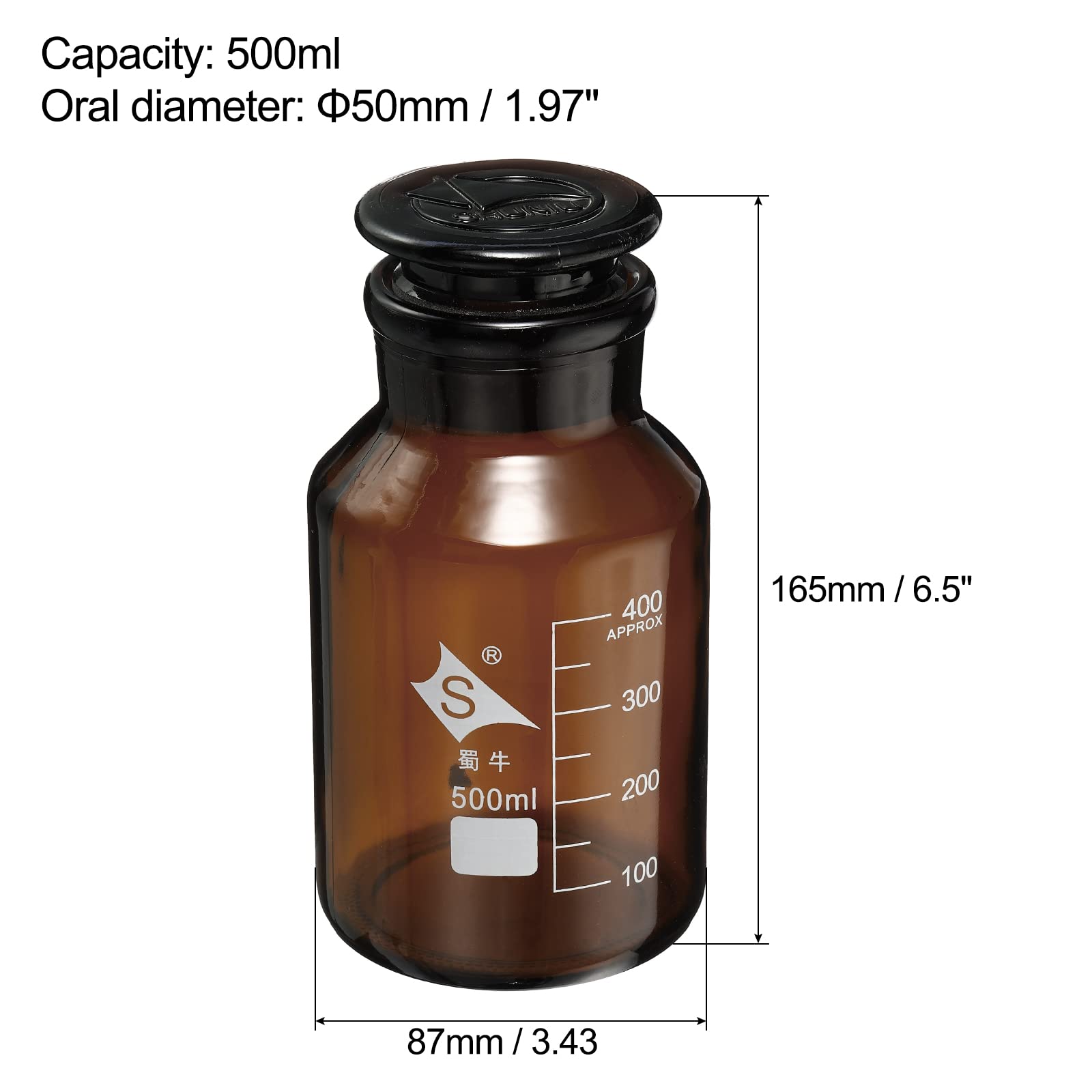 PATIKIL 500mL Reactivo Medios Botella, 1uds Redondo 3.3 Borosilicato Vidrio Graduado Almacenamiento Botella con Ámbar Tapa para Laboratorio Hogar, Ámbar