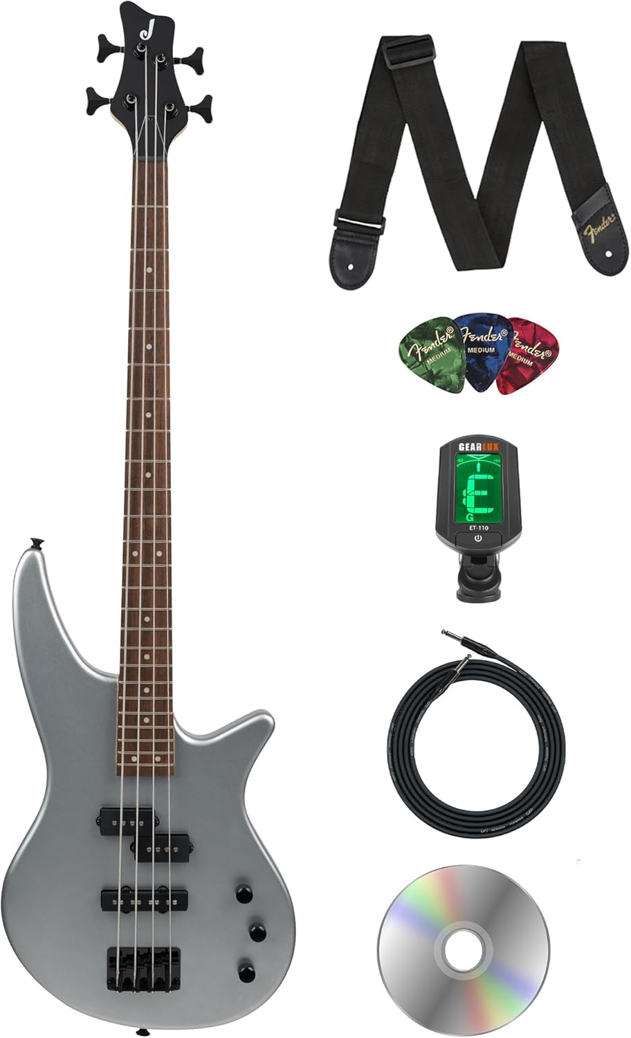 Jackson JS Series Spectra Bass JS2 Electric Bass Guitar - Quicksilver Bundle with Tuner, Strap, Instrument Cable, Picks, and Austin Bazaar Instructional Video