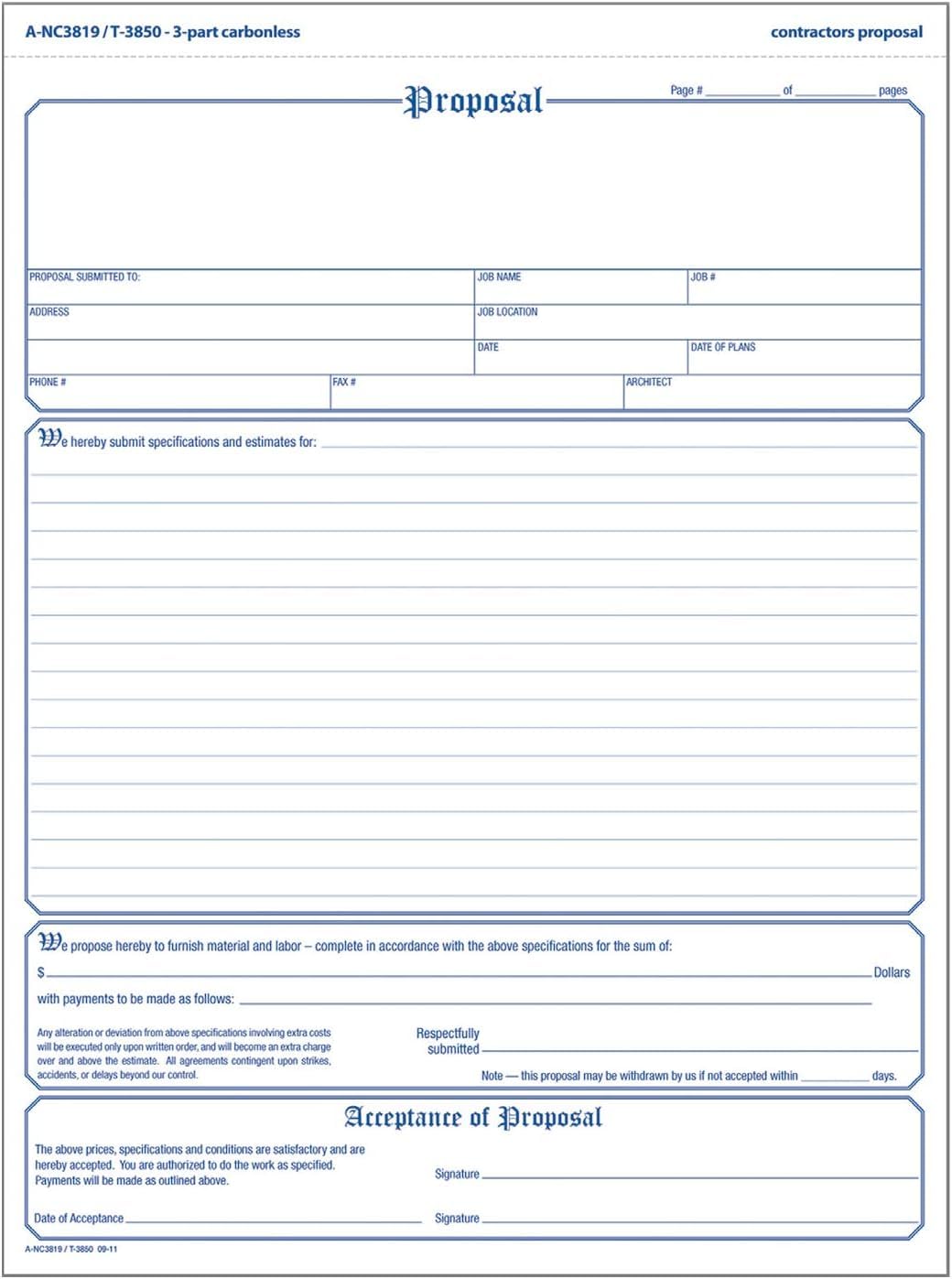 Adams Contractor's Proposal Forms, 8.5 x 11.44 Inch, 3-Part, Carbonless, White, Canary and Pink (NC3819), 50 Count (Pack of 8)