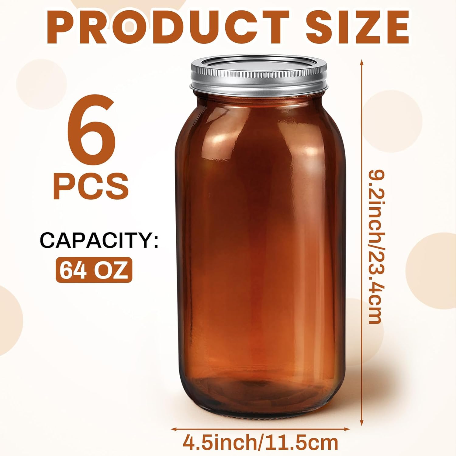 Norme 6 Pcs 64 oz Glass Mason Jars Glass Mason Jars Canning Container Set Embossed Half Gallon Fermenting Container with Airtight Lids for Canning Freezing Preserving Beverages Decor (Amber)