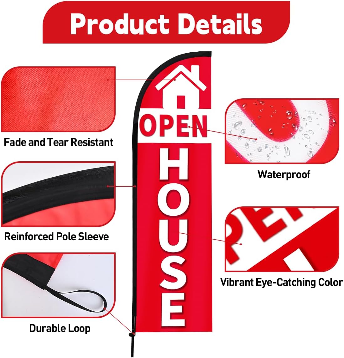 Open House Feather Flag, 8.2ft Open House Flag with Aluminum Pole and Ground Stake, Open House Signs for Real Estate for Outside Swooper Flag Advertisng Feather Banner (Red) - Image 4