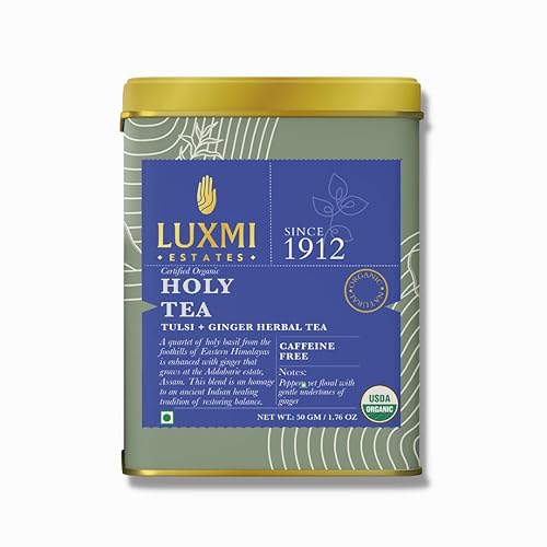 Luxmi Estates, Té suelto orgánico de albahaca sagrada de 50 gm, sin cafeína, sin OMG, hojas Tulsi orgánicas USDA - Té Tulsi  Apoyo inmunológico,