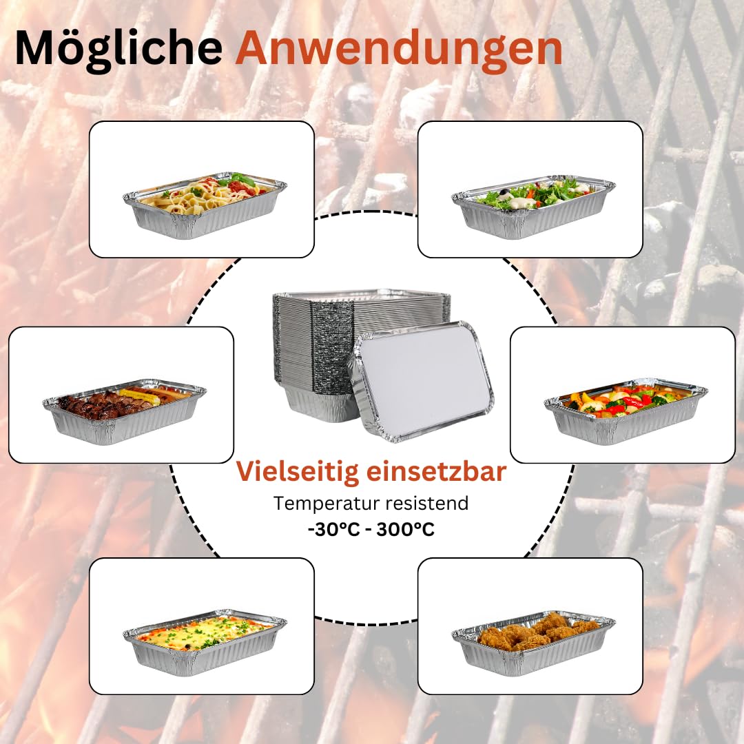Enpack Aluschale R65-650L - 100 Stück mit Deckel Aluschalen Grill 20x10,5x5 cm - Wärmebehälter- Fettauffangschale als Grill Zubehör, Food Container, kleine Auflaufform - feuerfeste Alu Grillschale