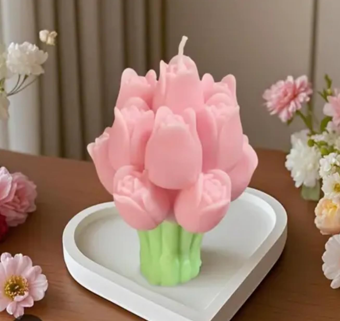 Pink Tulip Bouquet Decorative Candle, Heart-Shaped Ceramic Base, Spring Home Decor
