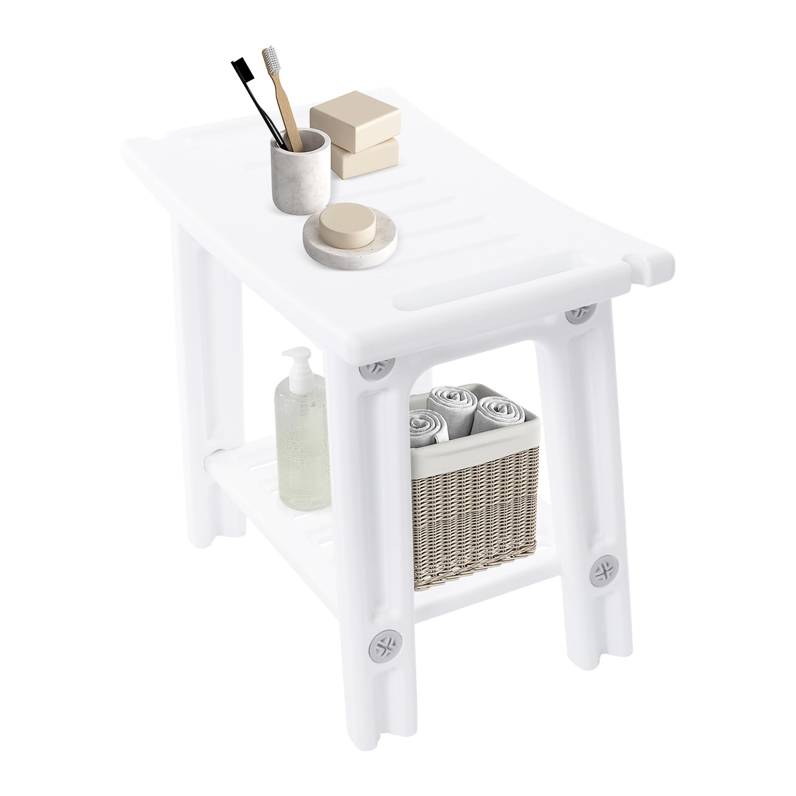 Taburete de ducha de 2 niveles, taburete de baño con soporte para cabezal de ducha, HDPE, taburete de ducha de spa de diseño moderno y ergonómico, color blanco