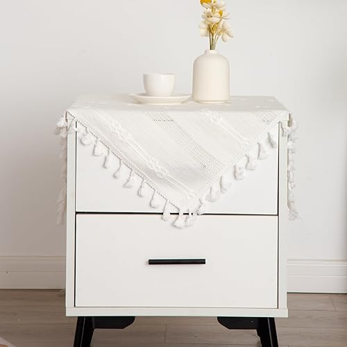 Mantel cuadrado de lino marfil bordado para mesita de noche, lavable, resistente a las arrugas, para decoración de mesa de noche, 24 x 24 pulgadas