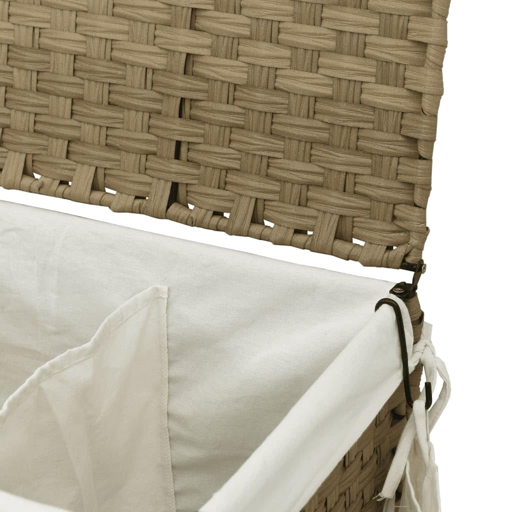Kosz na pranie na kółkach 60 x 35 x 60,5 cm, rattanowy kosz na pranie z 3 przegródkami, do sortowania, do łazienki, mieszkania, ze składanym wzorem i 4 rolkami