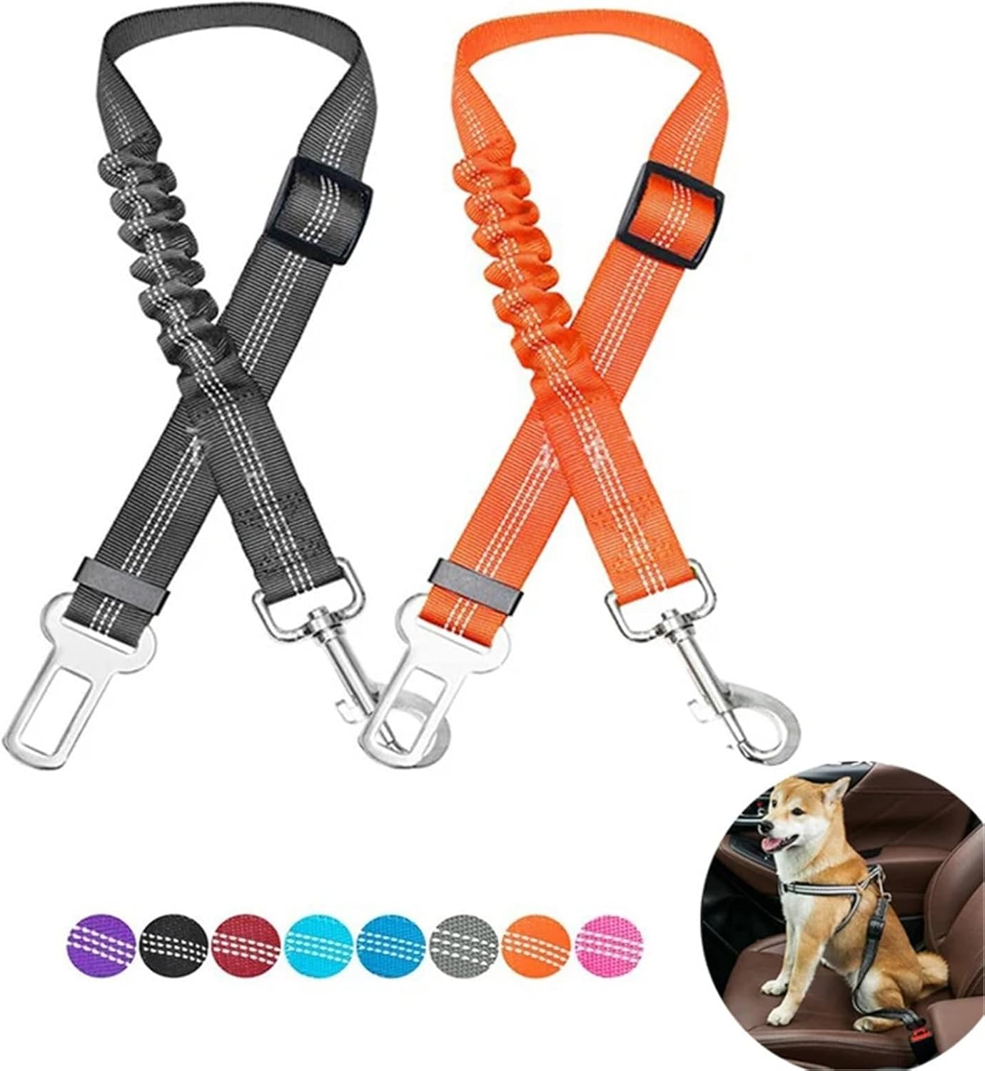 Adjustable Nylon Reflective Dog Seat Belt with Cushioning Elasticity, Travel Harness Accessory(Purple)