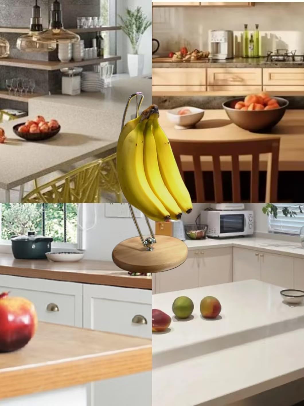 Supporto per banane da cucina, in acciaio inox e base in legno, porta frutta