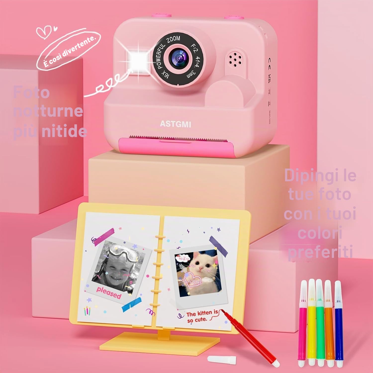ASTGMI Macchina Fotografica Bambini Istantanea, 2,4 Pollici 1080P Fotocamera Bambini Selfie con Carta da Stampa e 32GB Scheda, Giocattolo Regalo di Natale Bambino e Bambina 3 4 5 6 7 8 Anni (Rosa)