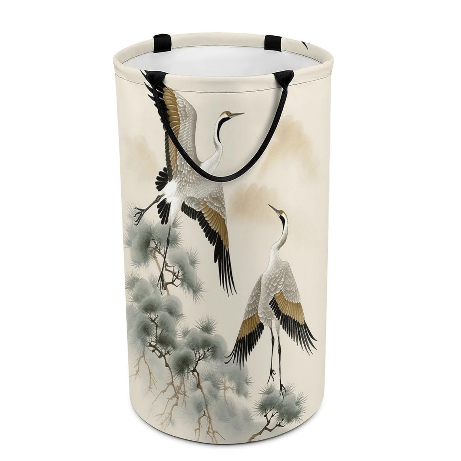 Two Japanese Cranes Flying Traditional Painting Laundry Basket Large Foldable Laundry Hamper with Handles Freestanding Collapsible Clothes Basket Waterproof Portable Dirty Clothes Hamper for Bathroom