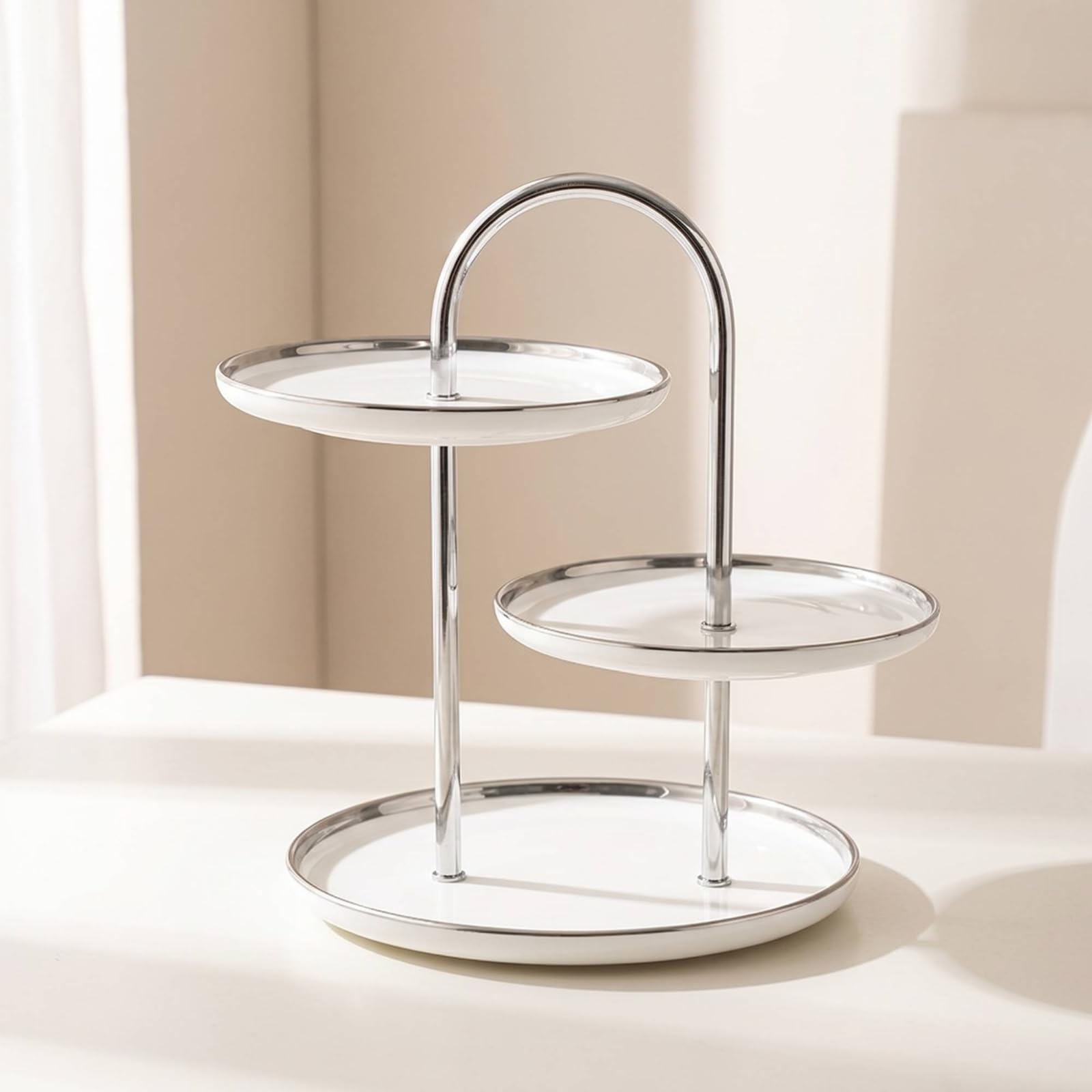 Etagere Dessertständer Kuchenständer, Reinweiß, Dreistöckig, Silberner Ständer