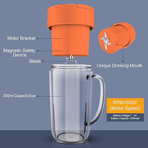 Miniatura 3 de Licuadora portátil, mini licuadora personal de 10 onzas para batidos, frutas y verduras con USB recargable, fácil de limpiar, adecuada para viajar o