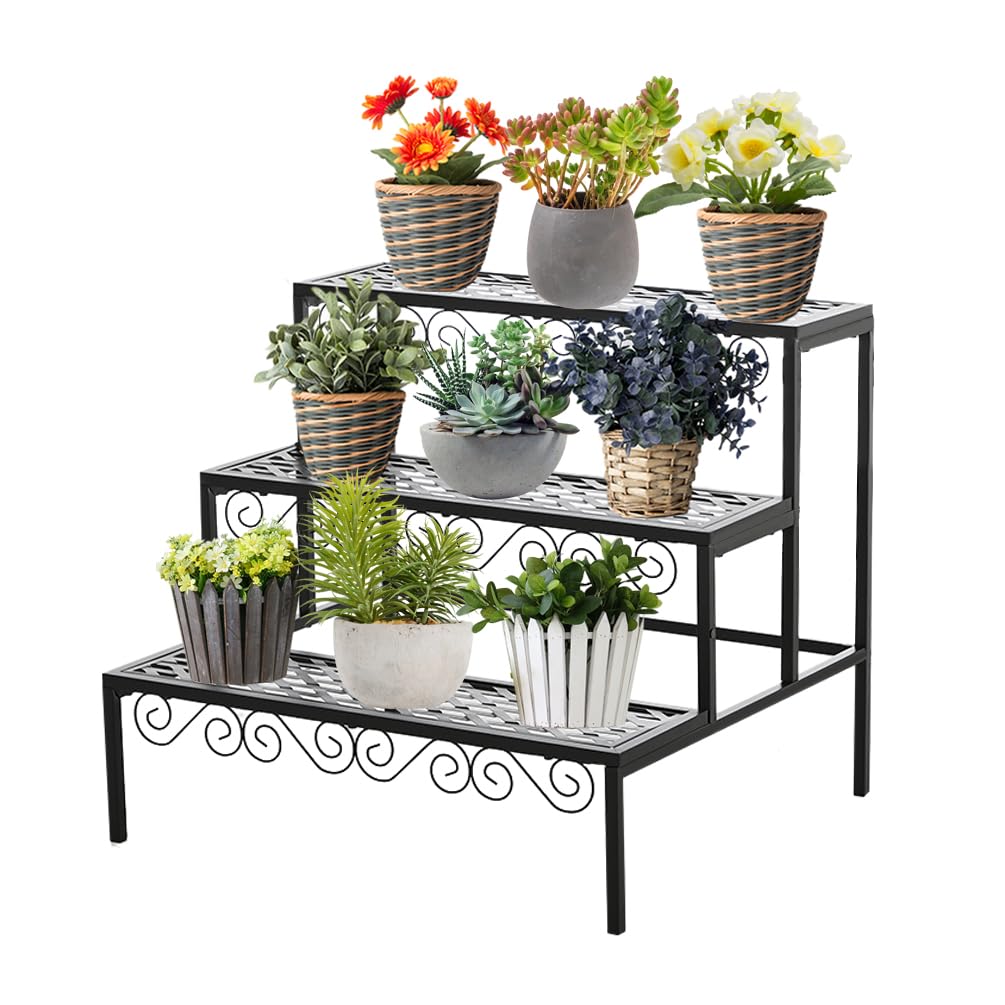 BAOYOUNI 3 Etagen Blumentreppe Blumenregal aus Metall Rechteckiges Pflanzenständer Pflanzenregal Blumentopfständer für Garten, Balkon, Terrasse, Indoor und Outdoor, Schwarz