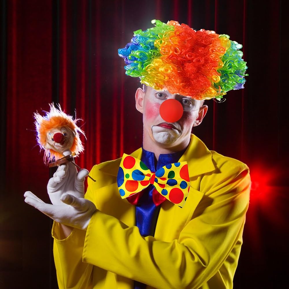 Costume Clown 7 Pièces - Gilet, Perruque, Nez, Nœud Papillon, Chapeau, Gants - Carnaval Halloween