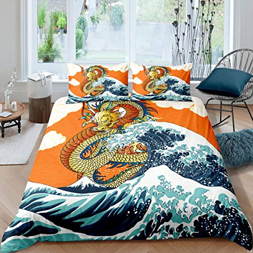 Dragon Duvet Cover Wave Comforter Cover Japanese-Style Wave Bedding Set For Kids Adults Exotic Style Bedding & Linen Ultra Soft Room Decor King Size Bedclothes Zipper