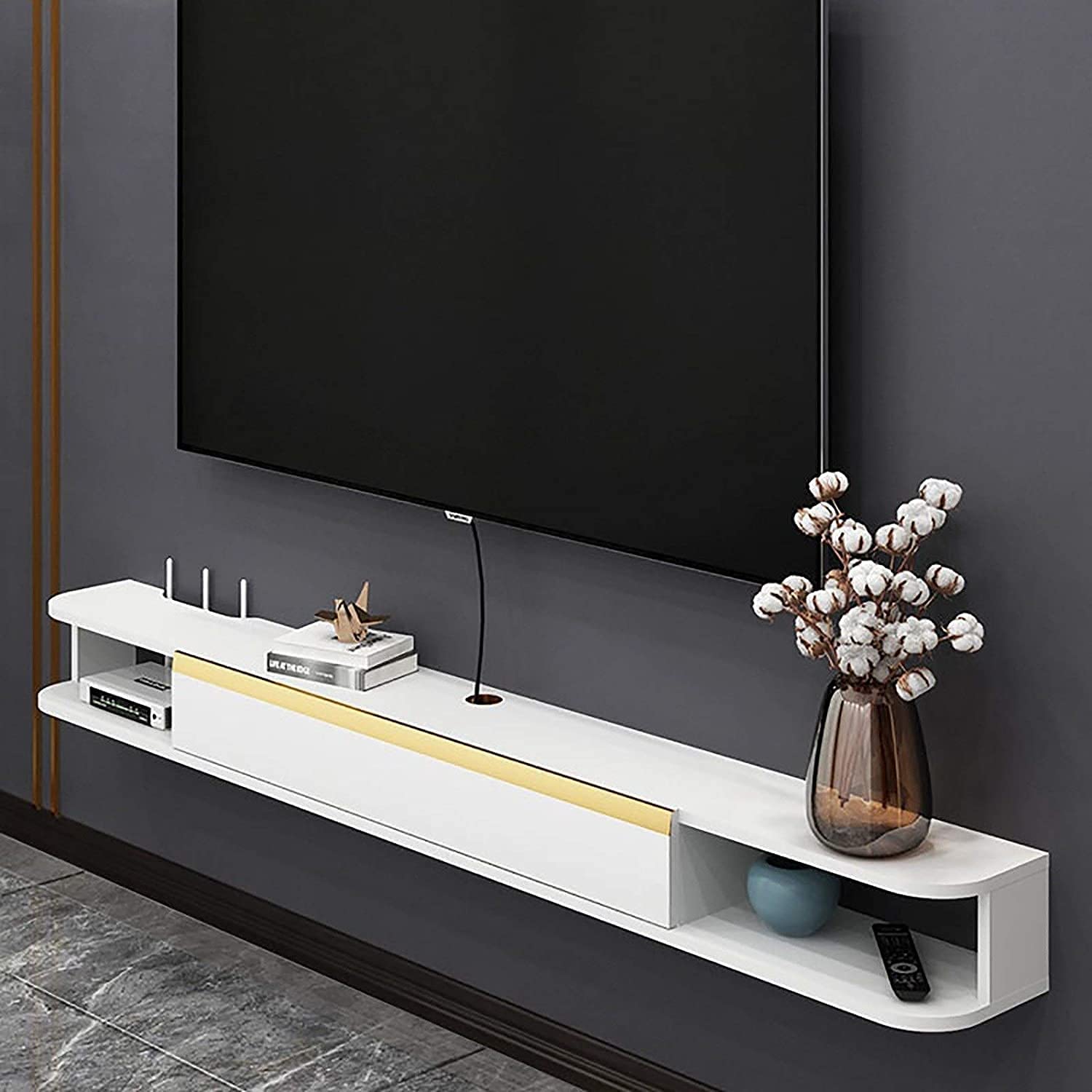Meuble TV flottant blanc de 140 cm pour salon avec étagère murale et console