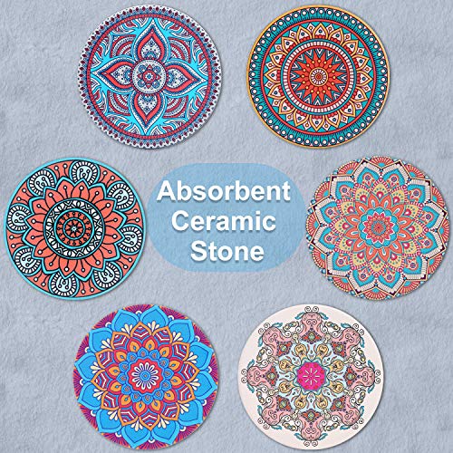 Bohemian Coasters for Drinks Absorbent Ceramic Stone with Cork Backing Mandala Style Great