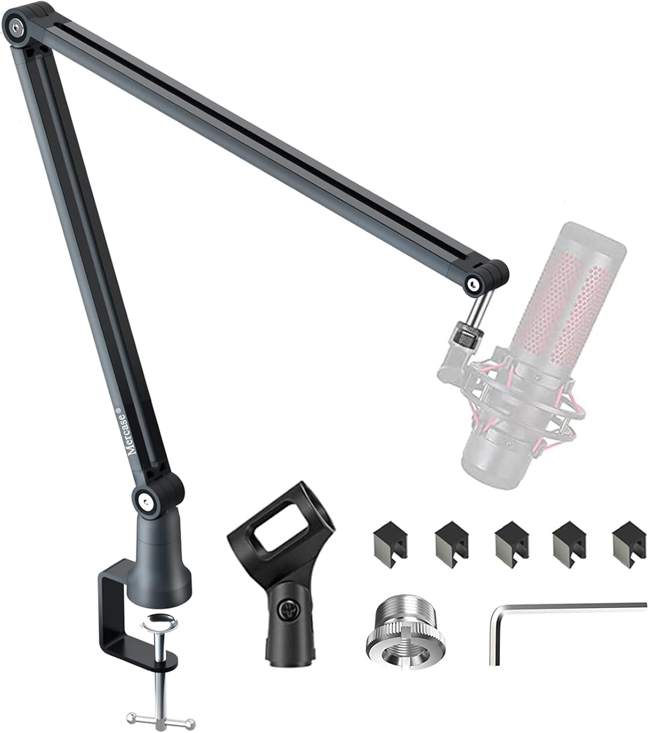 Boom Arm, Foldable Desktop Metal Mic Stand, Adjustable Scissor Microphone Arm Stand with Desk Mount Clamp, Hidden Cable Trough, 3/8" to 5/8" Adapter for Blue Yeti Snowball HyperX QuadCast