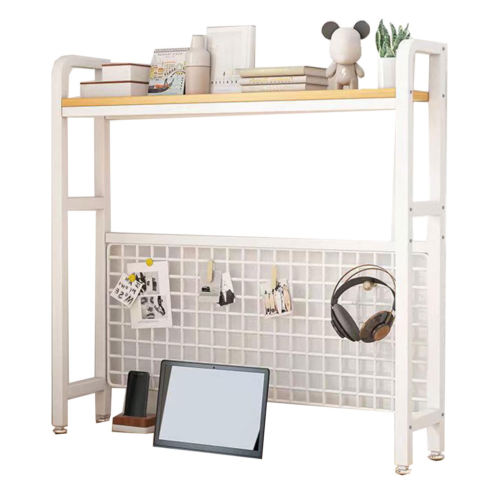 SXZenSpace Metal Desktop Shelves Multi functional Bookshelf for Computer Desk with Grid and Hooks