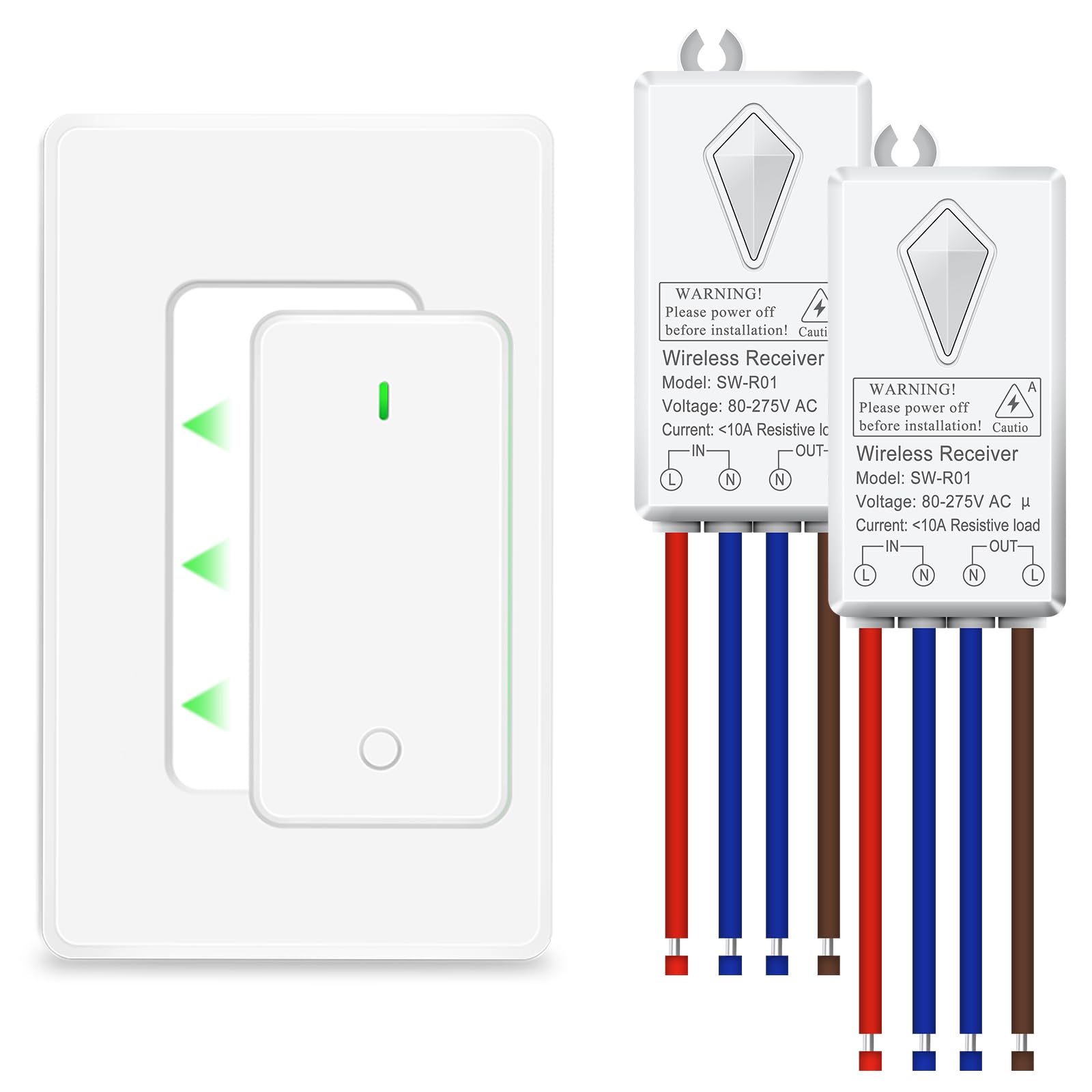 NineLeaf Wireless Light Switch and Receiver Kit,Remote Wall Switch No Wiring Needed,1300FT RF Range for 1000W LED Lights,Ceiling Lights,Fans,IP66 Waterproof for Bathroom,2 Receiver — image 1