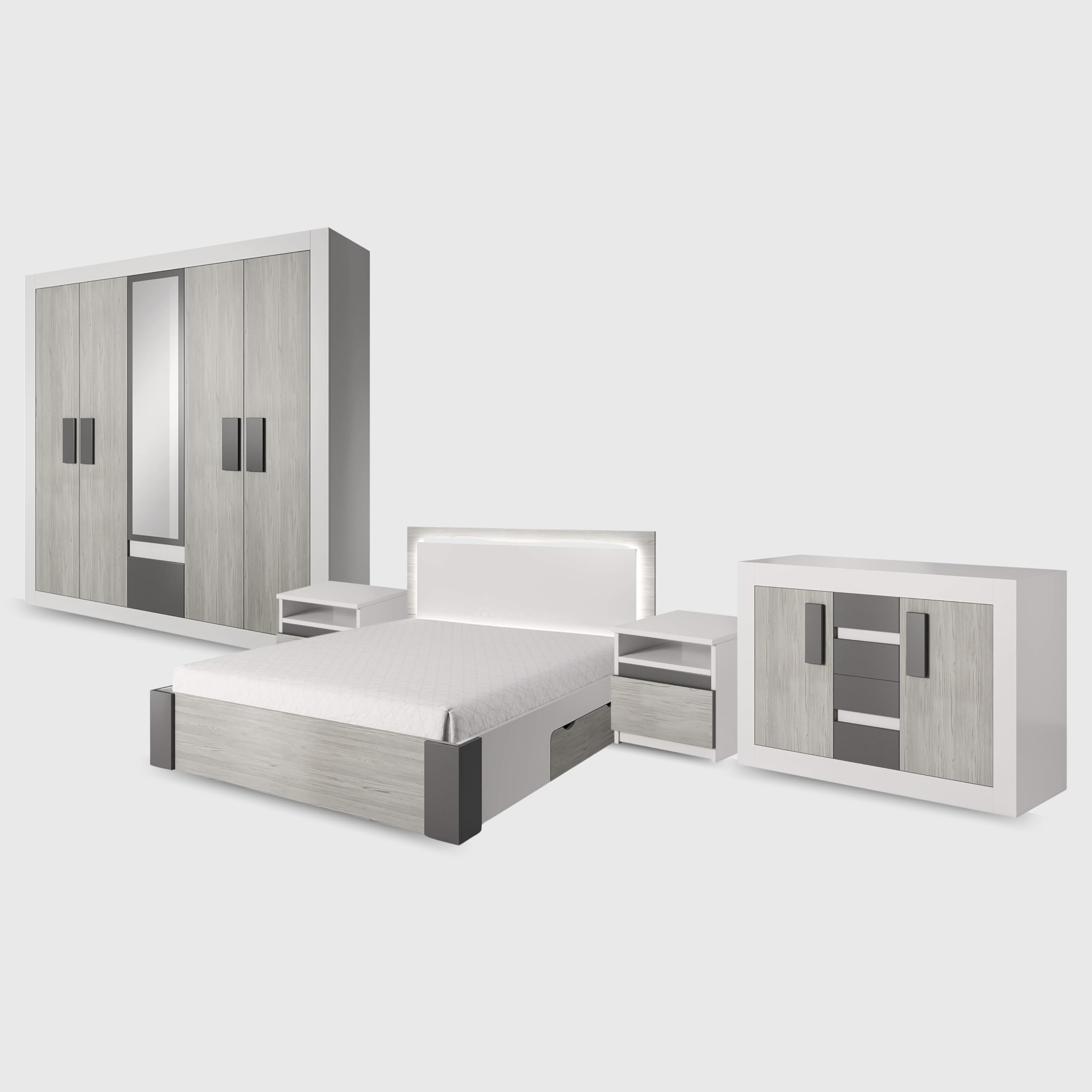 Hellios III - Chambre à Coucher Adulte Complète Avec lit 160x200 Avec Matelas, 2 Tables De Chevet, Commode, Armoire Avec Portes Coulissantes L:231 x H:210 x P:57 cm, Superb - Blanc/Kathult+Gris