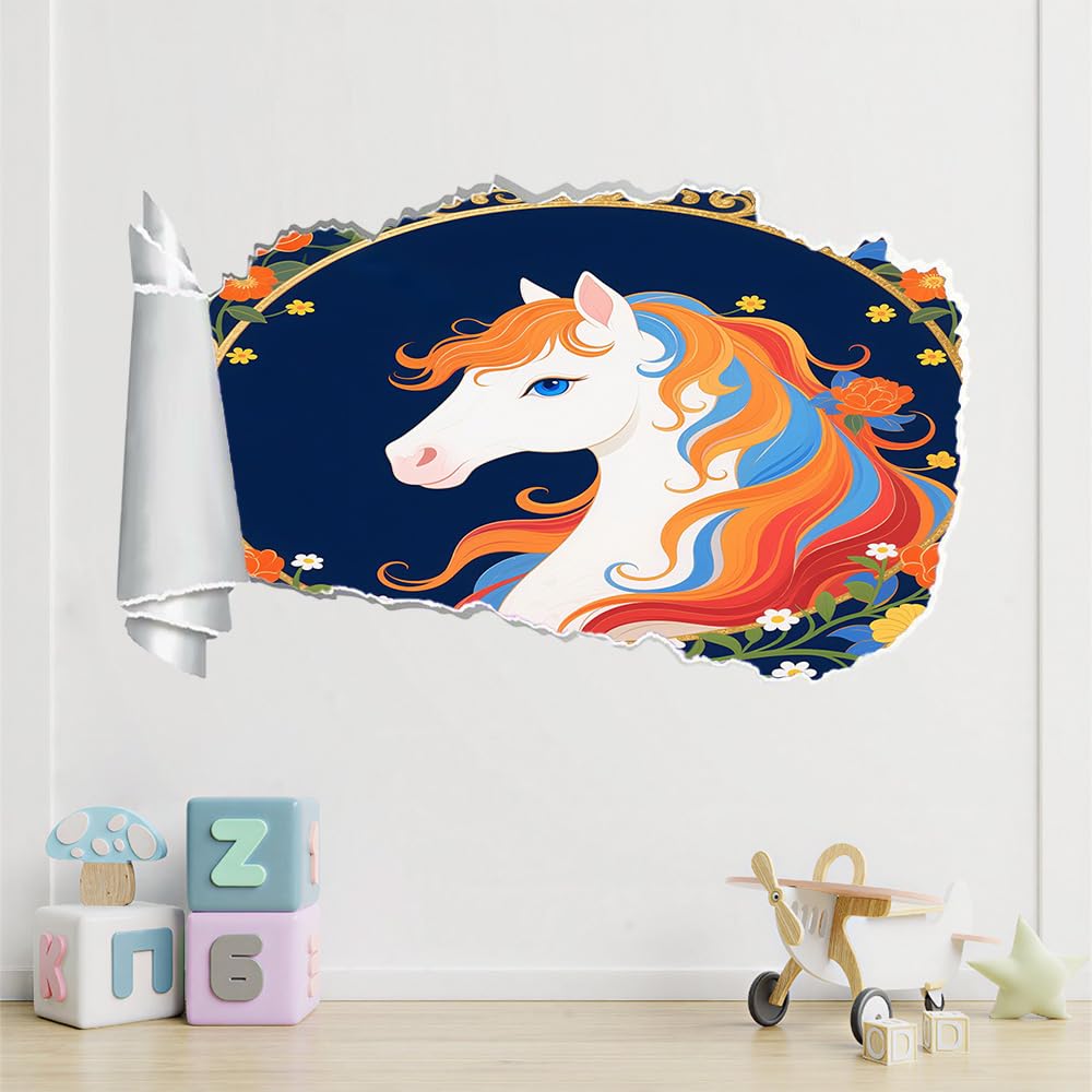 Pegatinas de decoración de pared 3D, Caballo De Dibujos Animados Calcomanías De Suelo De Impermeables Extraíbles, Animal Calcomanías De Mural De Pared Rotas Para Niños Dormitorio