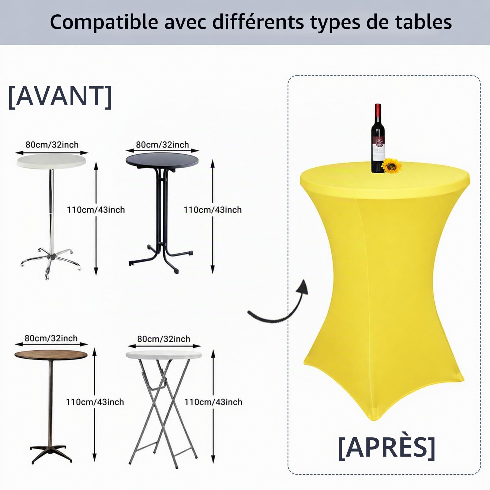 Lot de 3 Housse Mange Debout 80x110cm, Jaune Nappe de Table Haute en Spandex pour Bistro, Mariage, Bar, Hôtel, Banquet, Cocktail