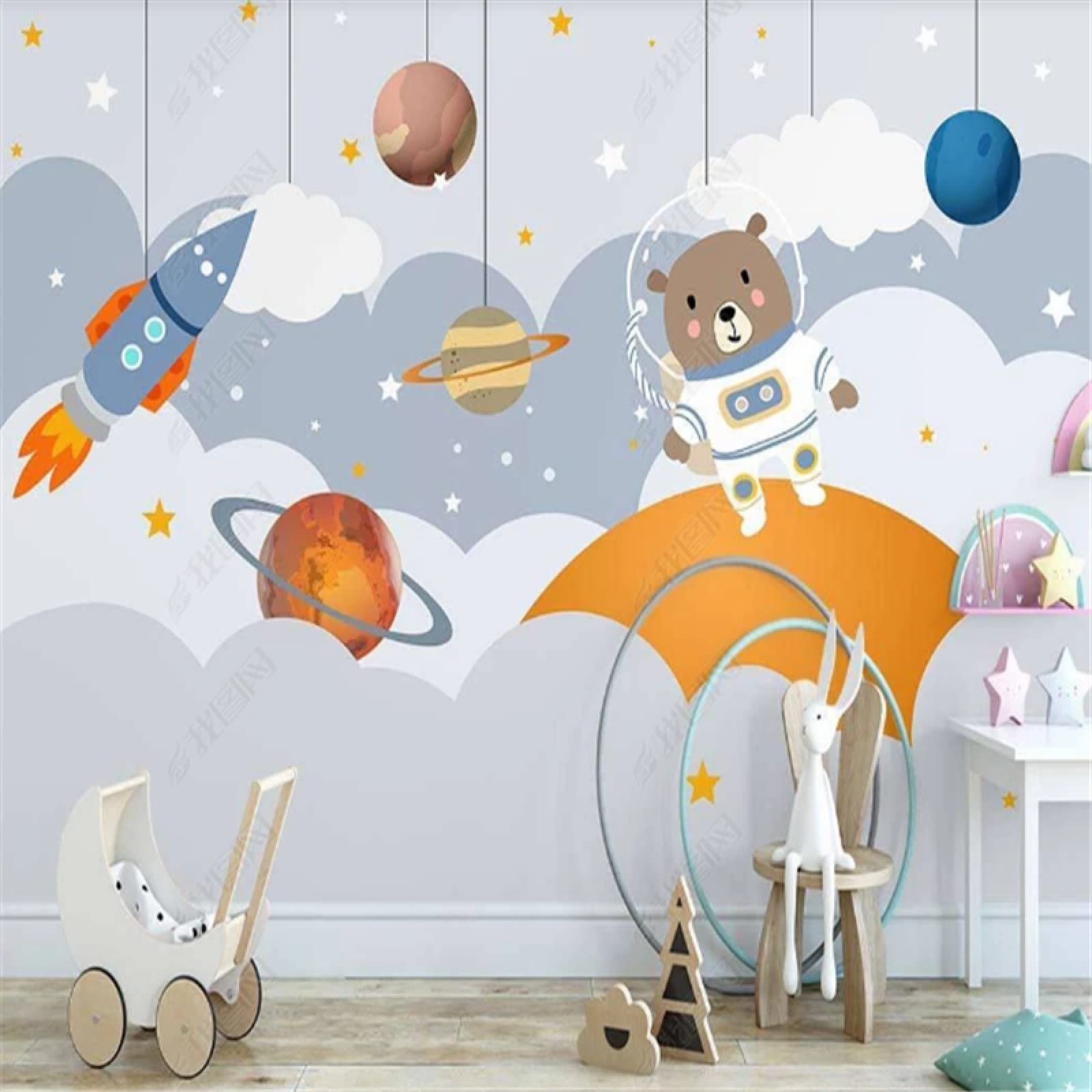 Nordic Dipinto A Mano Simpatico Orso Carta Da Parati Murale Per Bambini Spazio Camera Pianeta Sfondo Camera Da Parati Carta Da Parati 250Cm(W)×175Cm(H)