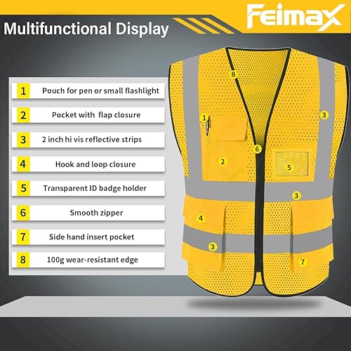 Miniatura 2 de FEimaX Chaleco de seguridad de alta visibilidad, chaleco de trabajo reflectante de malla para hombres y mujeres con bolsillos y cremallera, cumple