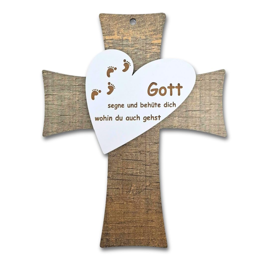 Taufkreuz aus Holzdekor mit Herz und Gravur – „Gott segne und behüte dich“ – Geschenk zur Taufe Erstkommunion Konfirmation Firmung für Mädchen & Jungen – Handgemacht mit Lasergravur – Kruzifix