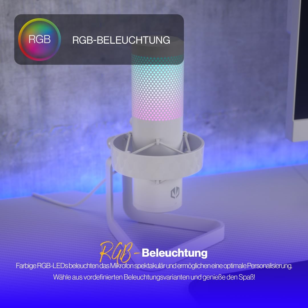 ENDORFY AXIS Streaming Onyx White USB RGB Mikrofon, 24 Bit/192 kHz, Niere, Stereo, Kugel, Bidirektional, Kopfhörer Monitoring, Touch Mute, Streaming, Podcast