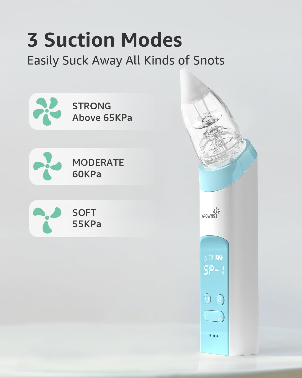 GROWNSY Nasal Aspirator for Baby with Protection Mode, Electric Nose Suction for Baby, Automatic Baby Nose Sucker with 3 Silicone Tips, Adjustable Suction Level, Music and Light Soothing Function