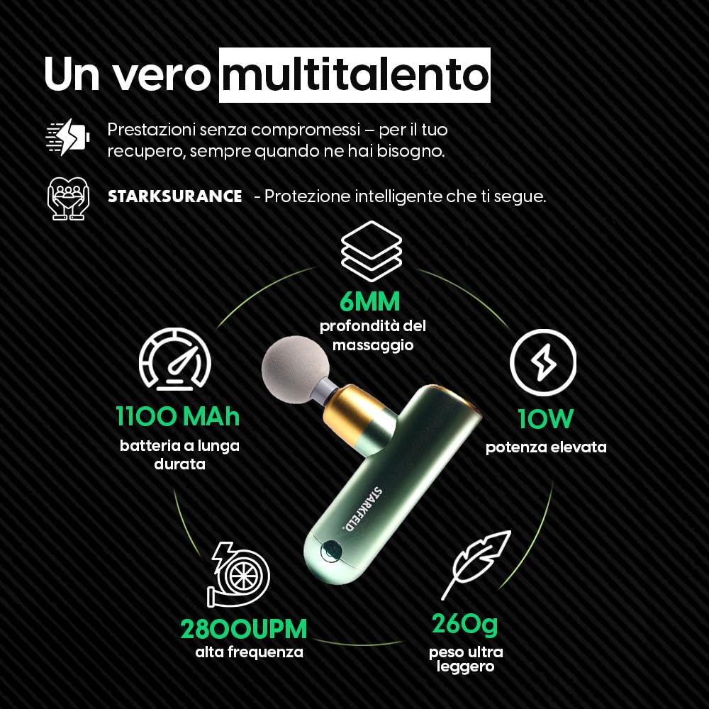 STARKFELD Mini - Pistola per massaggi compatta per tessuti profondi, silenziosa e potente, 2 accessori, ultra leggera e portatile, (Verde, Deluxe)