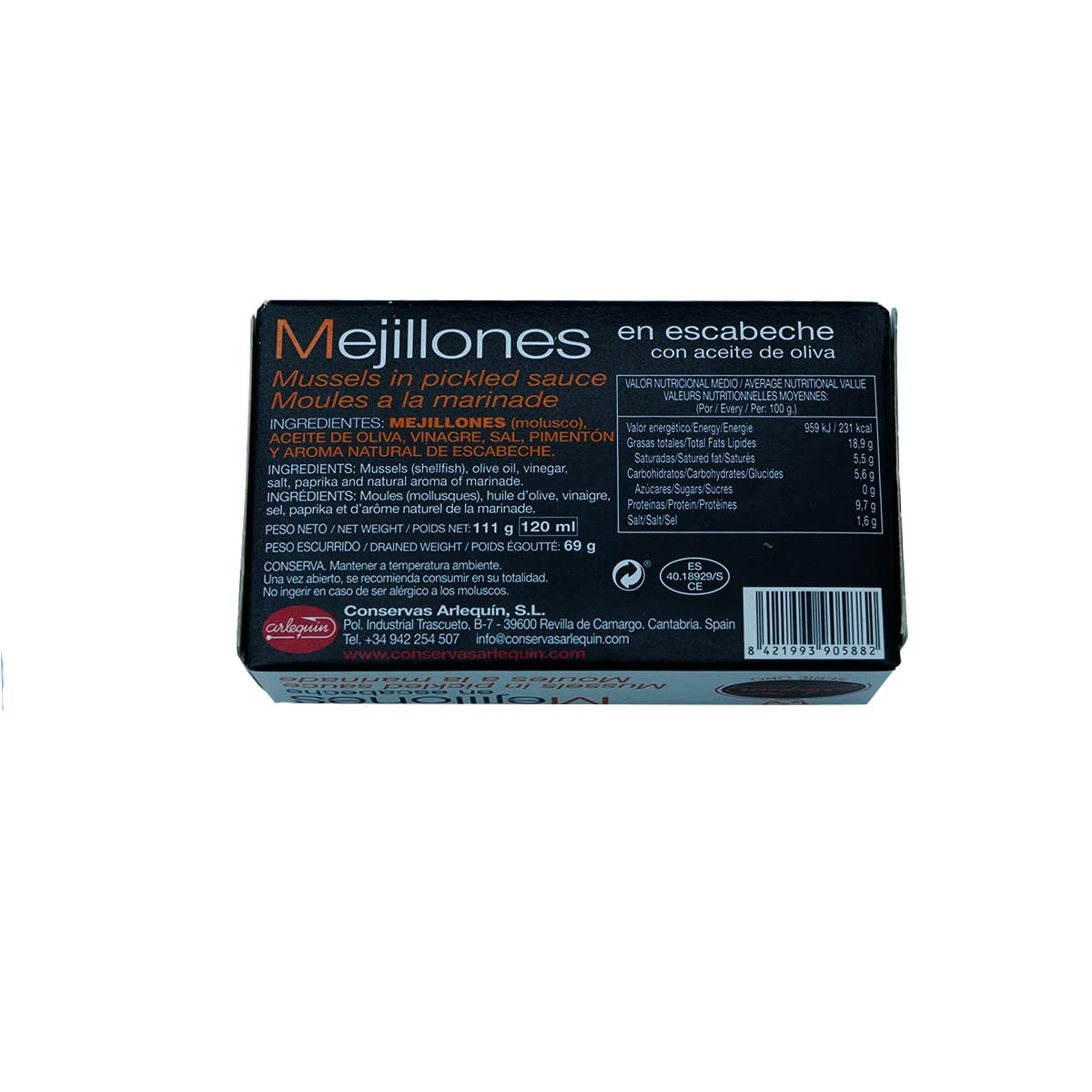 ARLEQUIN Serie Oro Mejillón en Escabeche, Pack de 4 Latas de 120 grs. y 6/8 Unds (480 grs. y 24/32 Unds)