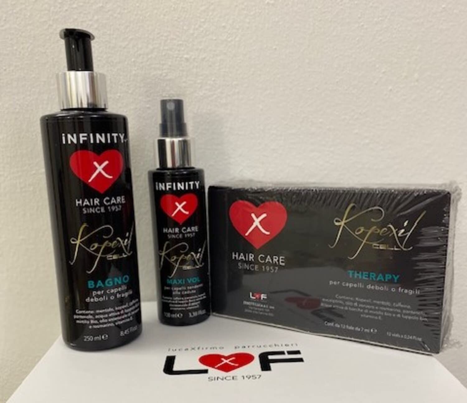 Infinity Hair Care Kopexil Cell, kompletny zestaw do pielęgnacji włosów skłonnych do wypadania włosów, składający się z 1 szamponu, 1 objętości sprayu i 12 ampułek