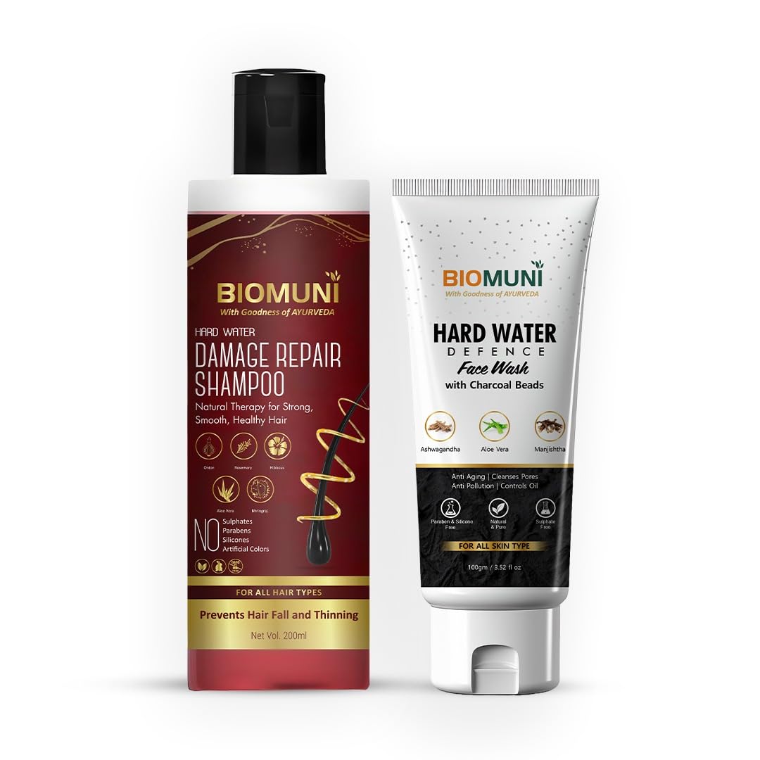 Combo Shampoo & Face Wash | Natural & Ayurvedic Hardwater Damage Repair Shampoo & Face Wash| With Goodness of Ayurveda| No Sulphates, Parabens, Silicones | 200 ml+ 100 ml| Unisex | Detox, Nourish, Purify