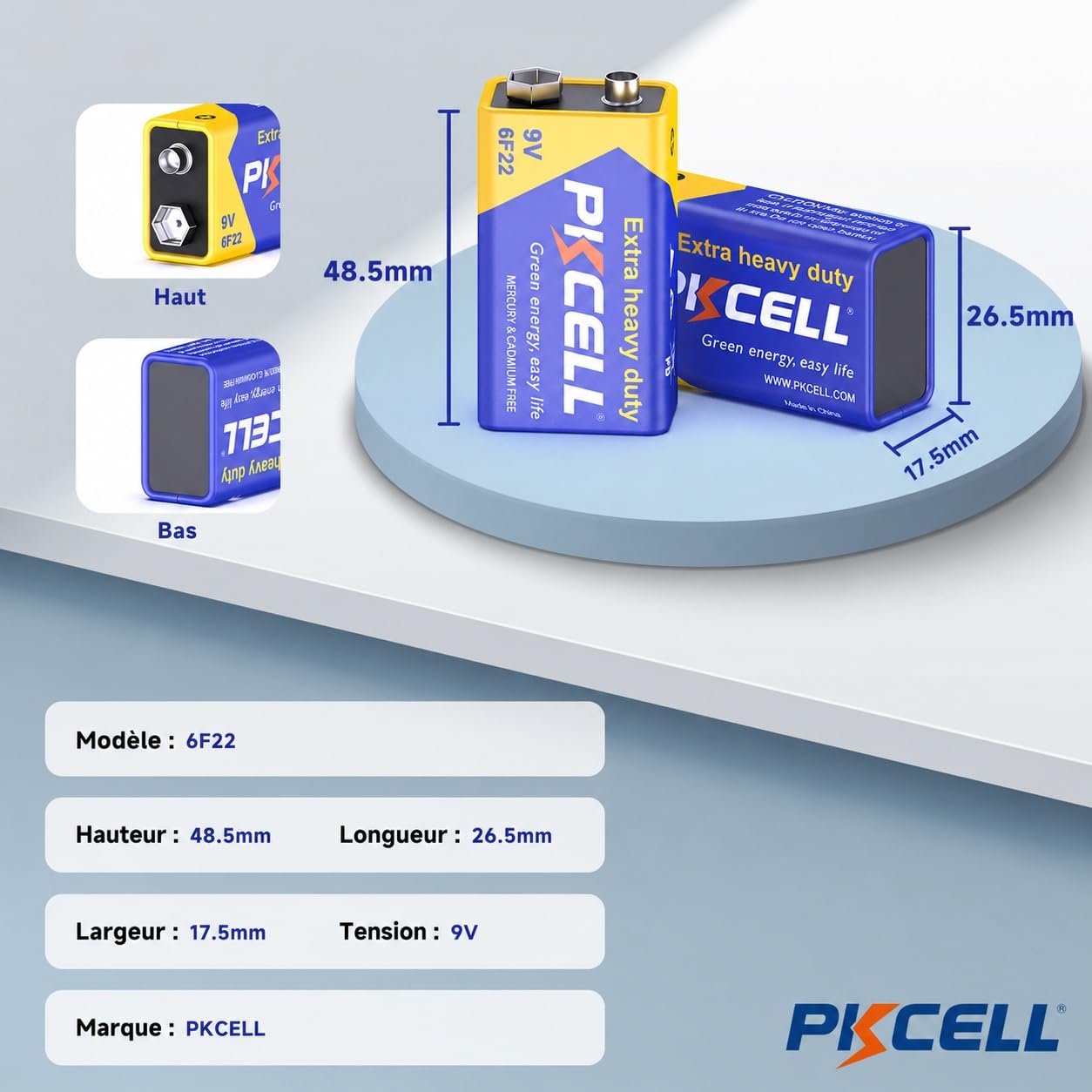PKCELL Pile 9V 6F22 Carré Haute Performance 4 Pièces