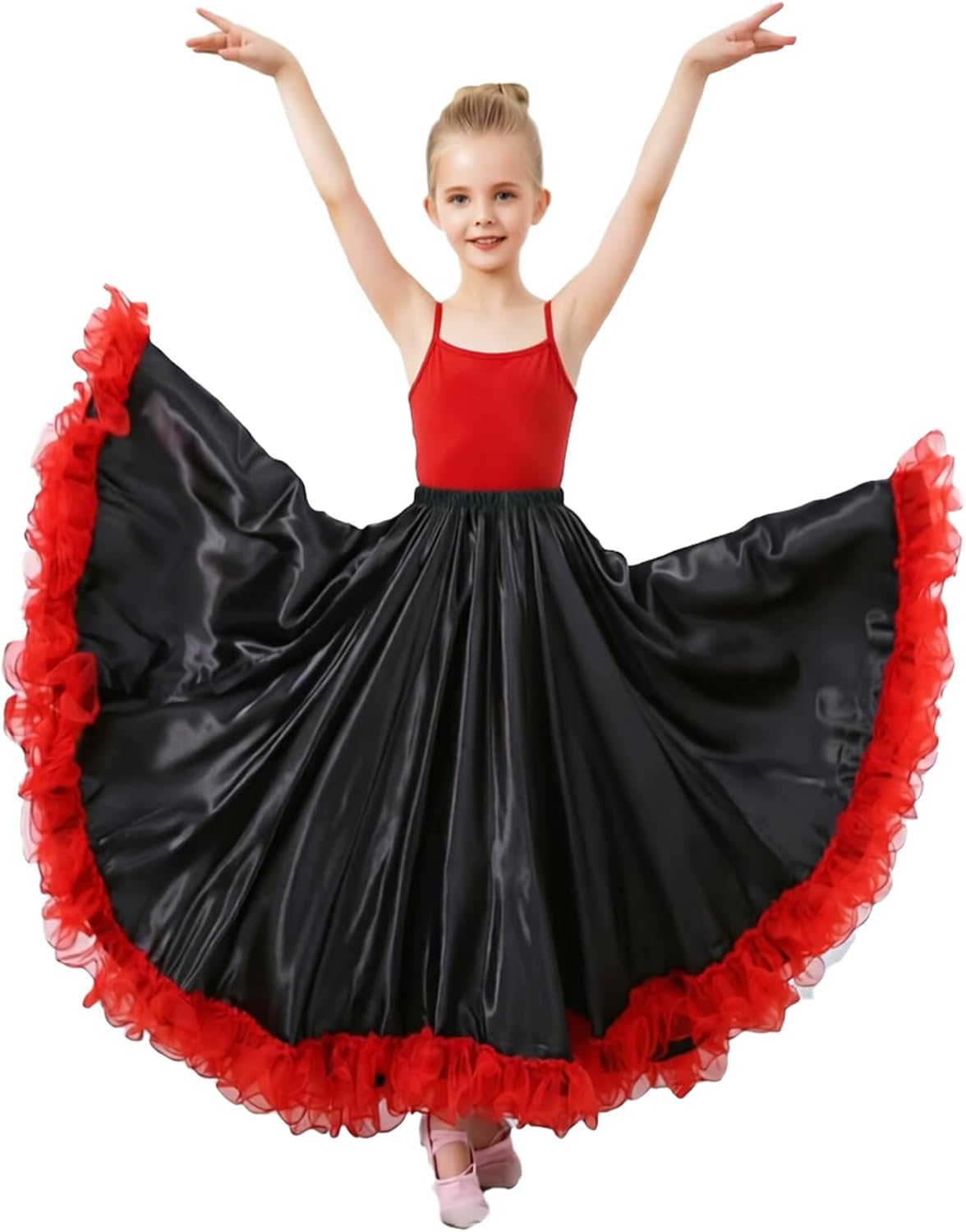 ORIDOOR 540-degree Satin Long Dress, Flamenco, Mexican Ethnic Dance Opening Dance Skirt for Girl, Halloween Swing Skirt