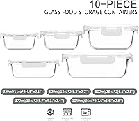 Vista 2 de M MCIRCO 10-Pack Glass Food Storage Container with Lids, Airtight Lunch Bento Boxes, Glass Meal Prep Container,Microwave, Oven, Freezer and