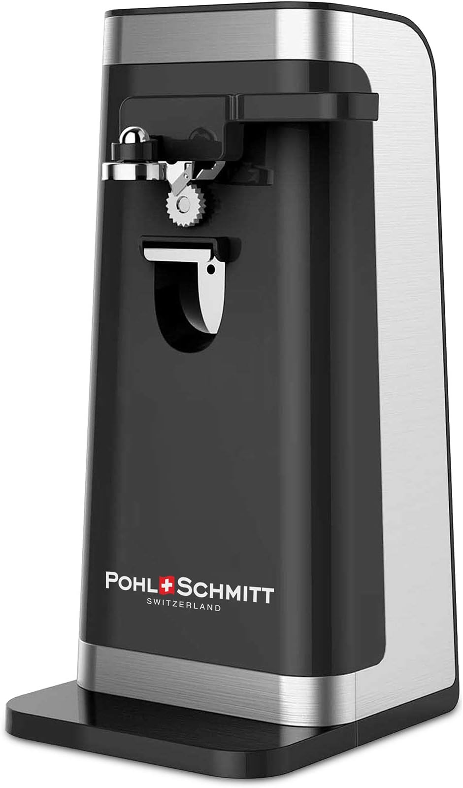 POHL SCHMITT Electric Can Opener, Easy Push Down Lever, Knife Sharpener, Bottle Opener & Built-In Cord Storage, Opens All Standard-Size and Pop-Top Cans