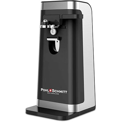 POHL SCHMITT Electric Can Opener, Easy Push Down Lever, Knife Sharpener, Bottle Opener & Built-In Cord Storage, Opens All Standard-Size and Pop-Top Cans