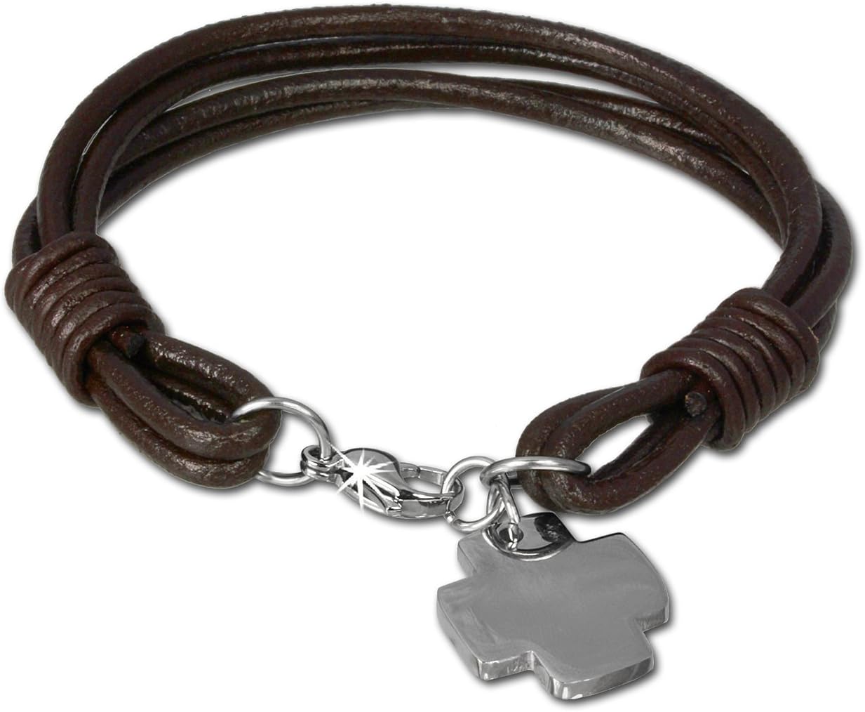 Bracelet Brown with Stainless Steel Cross, 7.48 inch to 8.07 inch, Leather Bracelet Genuine Leather LAP004B