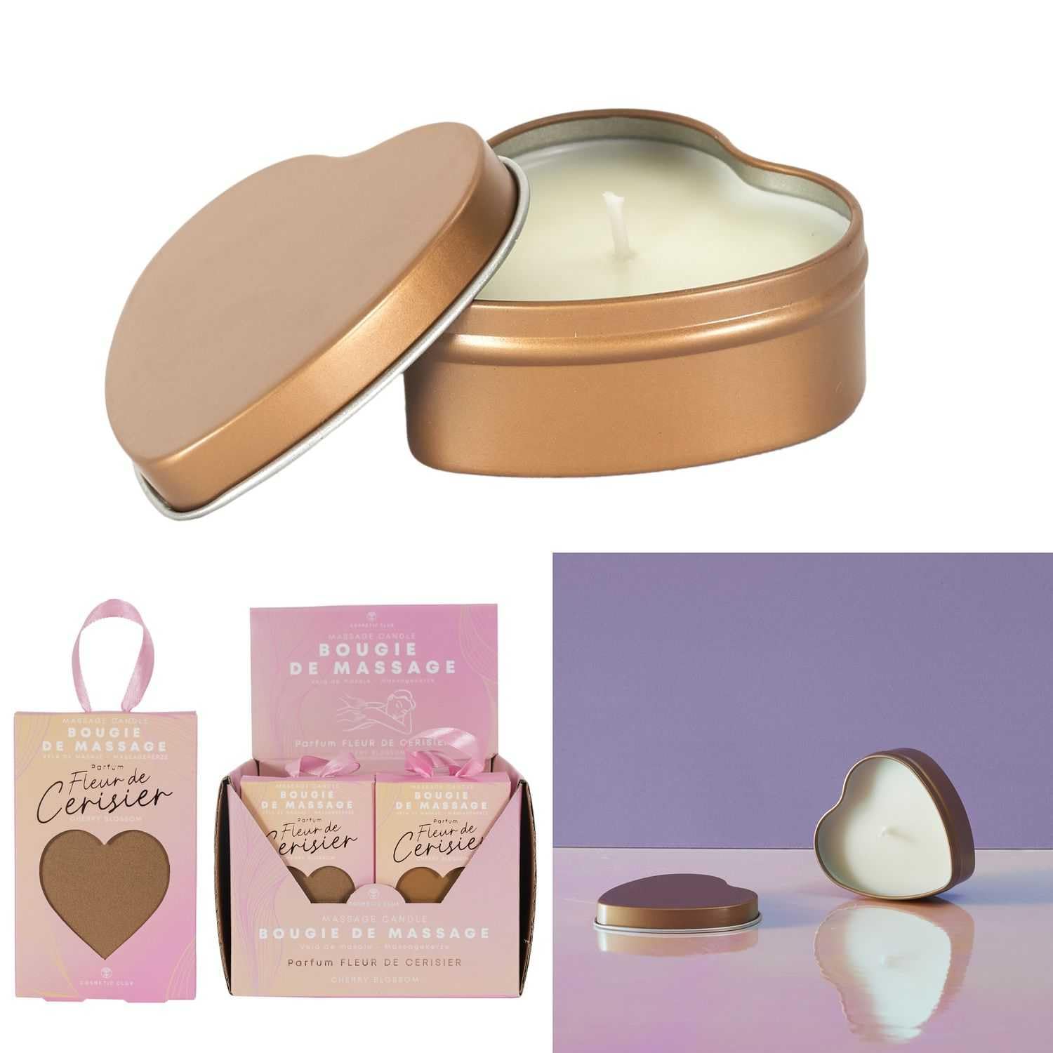 COSMetIC CLUB - SC0569 Bougie de Massage 30 ml - Soin Transformable en Huile Tiède - Parfum Fleur de Cerisier - Boîte Cœur - Conçu pour Relaxation - Couleur Blanc