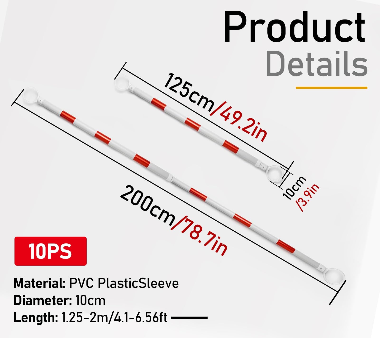 ERRULAN 10Pcs Retractable Traffic Cone Barrier Poles Extension 4 to 7.2ft, Plastic Traffic Cone Connectors Bar with Reflective Film, Safety Barrier Pole for Parking Lots