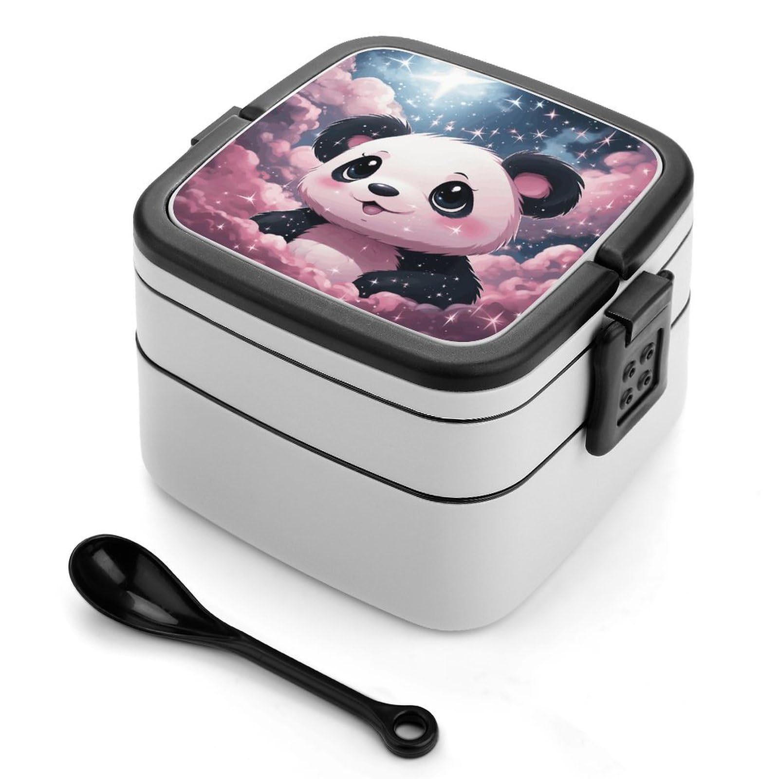 JTREHY Reusable Leakproof Bento Box,Panda Printed 2 Layer Stackable Lunch Box with Spoon Portable Large Lunch Box for Dining Out, Work, Picnic, Travel