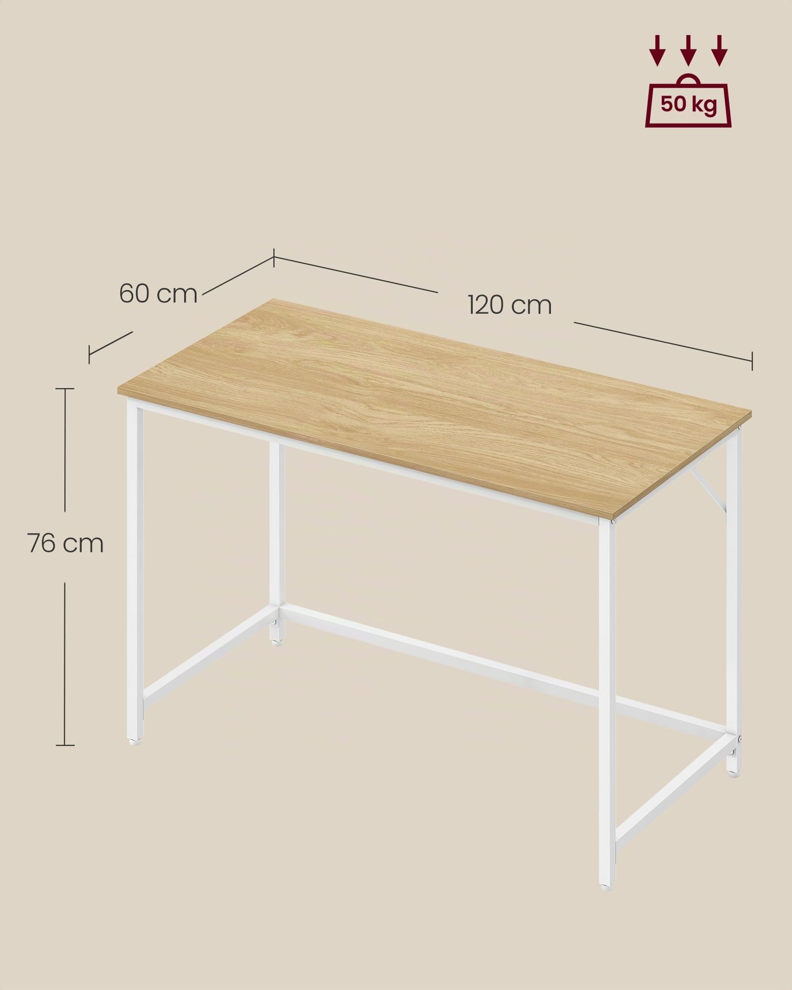 VASAGLE Escritorio, Mesa Oficina Pequeña y Estación Trabajo, Mesa para Teletrabajo, Estudio, Dormitorio, 60 x 120 x 76 cm, Estilo Moderno, Estructura Metal, Roble Natural y Blanco Perla LWD039W70