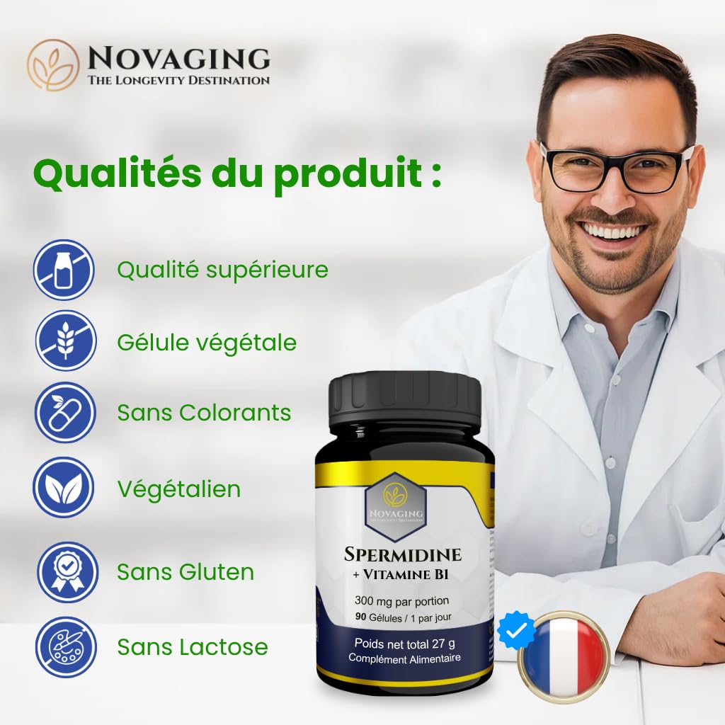 Spermidine 6 mg + Vitamine B1, Régulation cellulaire. 90 Gélules Vegan | NovAging© Haute qualité. 3 mois de cure. Précisement dosé. Testé sans Gluten, OGM ni allergènes.
